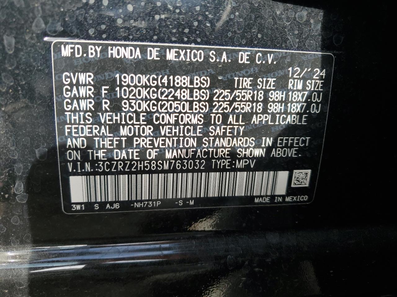 2025 Honda Hr-V Sport VIN: 3CZRZ2H58SM763032 Lot: 91927215