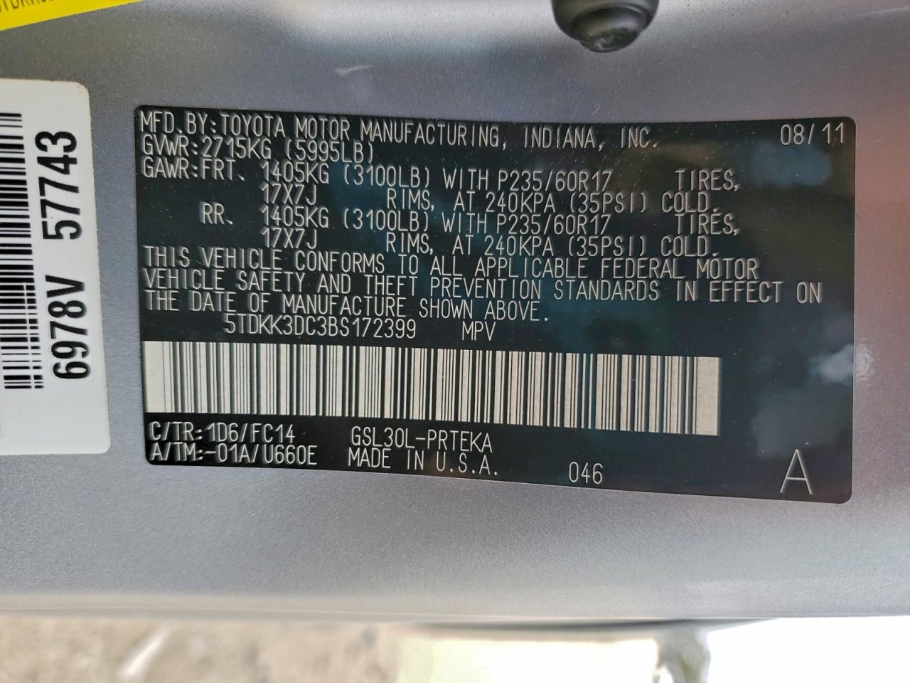 2011 Toyota Sienna Le VIN: 5TDKK3DC3BS172399 Lot: 93829155