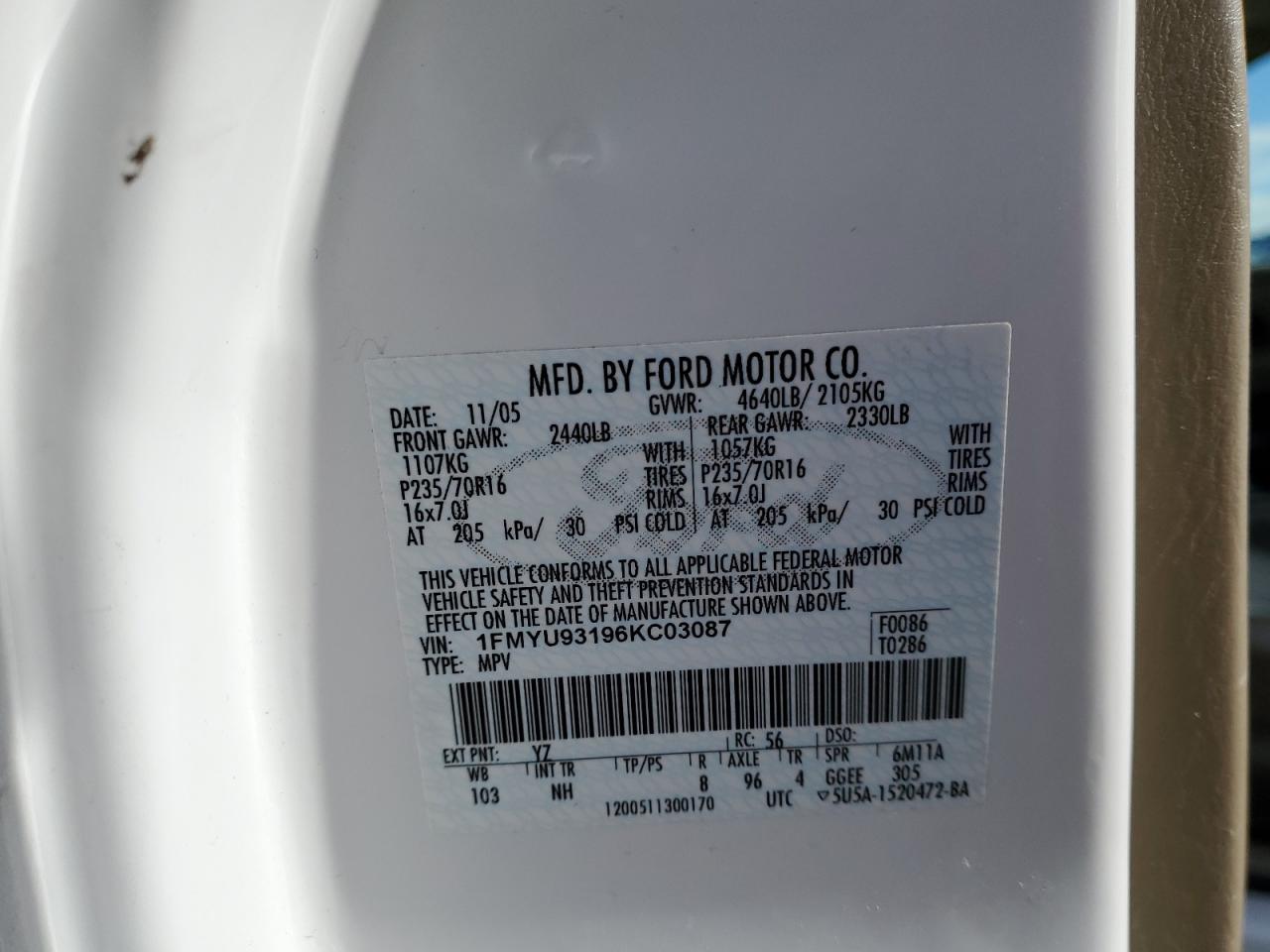 2006 Ford Escape Xlt VIN: 1FMYU93196KC03087 Lot: 93465195