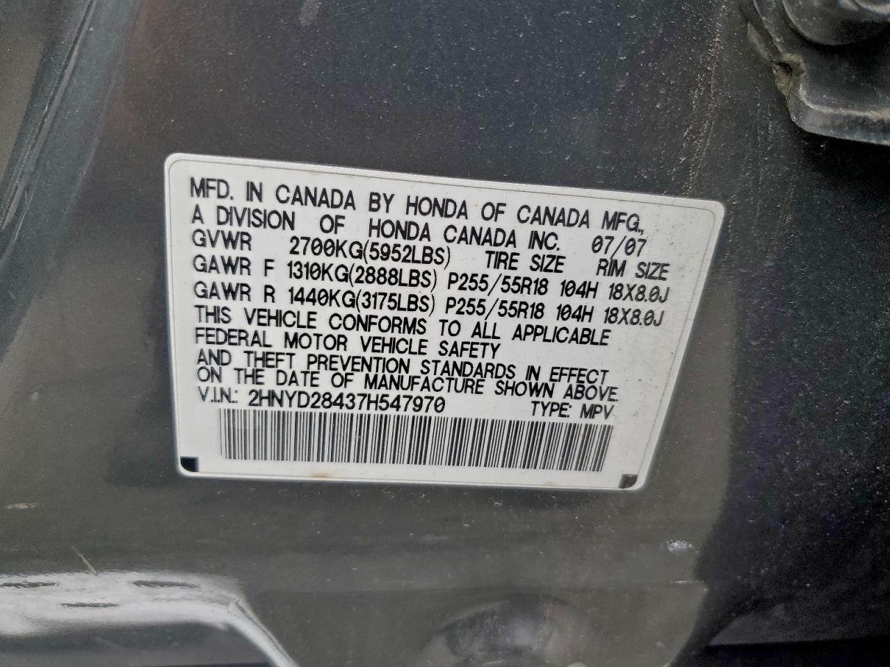 2007 Acura Mdx Technology VIN: 2HNYD28437H547970 Lot: 93471125