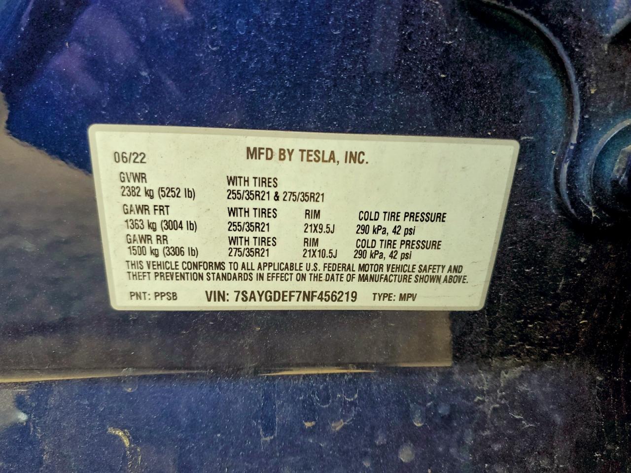 2022 Tesla Model Y VIN: 7SAYGDEF7NF456219 Lot: 94310215