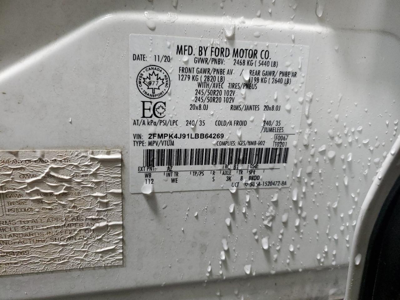 2020 Ford Edge Sel VIN: 2FMPK4J91LBB64269 Lot: 91059105