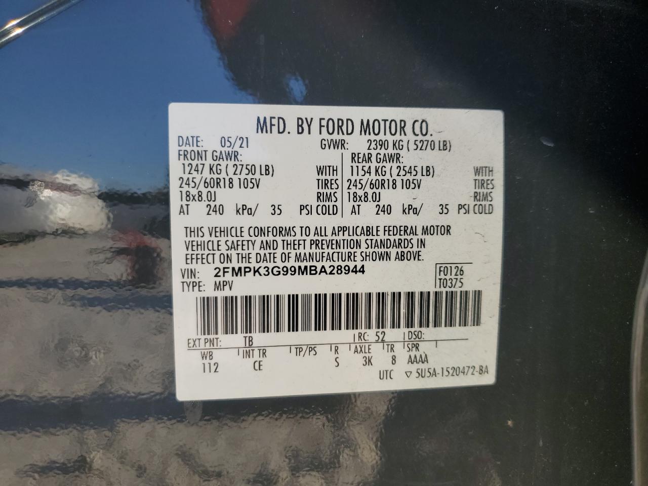 2021 Ford Edge Se VIN: 2FMPK3G99MBA28944 Lot: 91177675