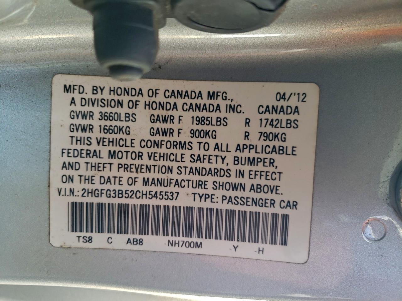 2012 Honda Civic Lx VIN: 2HGFG3B52CH545537 Lot: 94476105