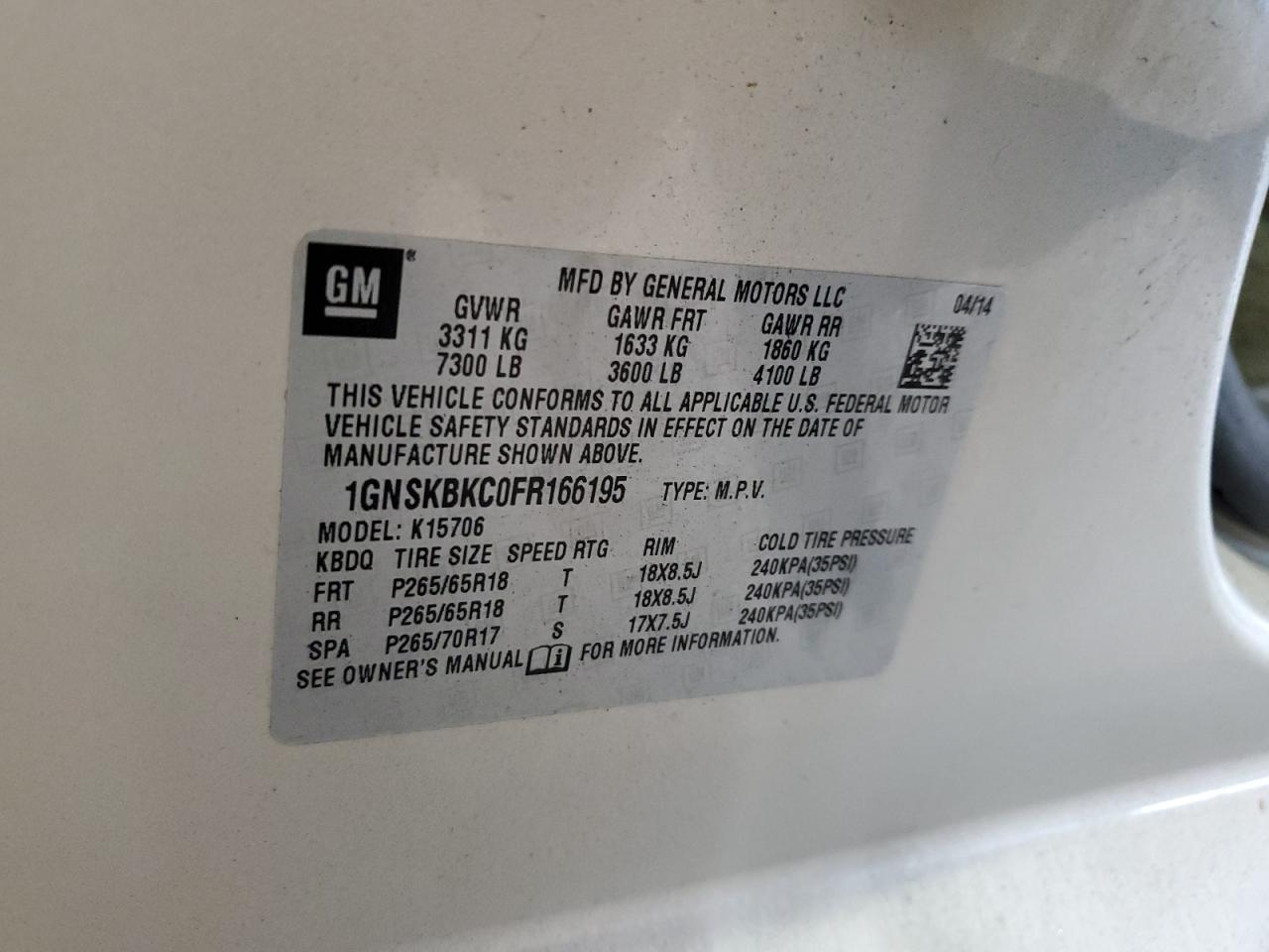 2015 Chevrolet Tahoe K1500 Lt VIN: 1GNSKBKC0FR166195 Lot: 93187285