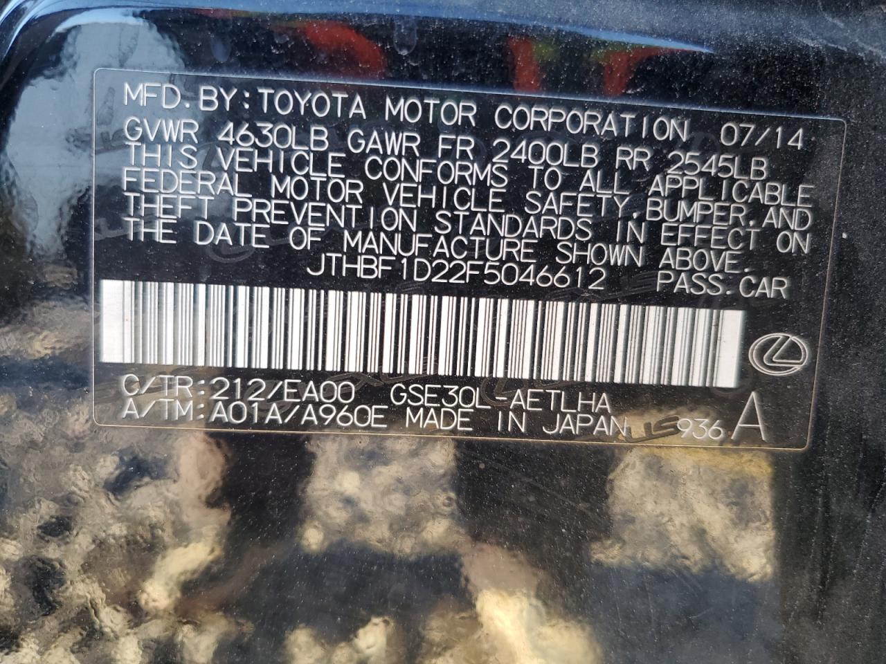 2015 Lexus Is 250 VIN: JTHBF1D22F5046612 Lot: 91123535