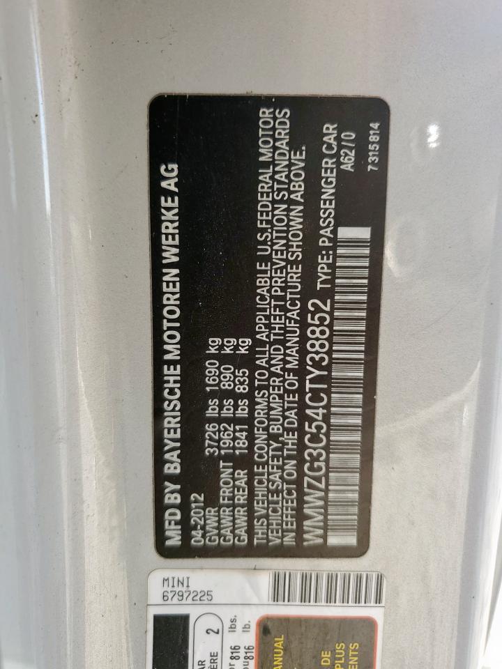 2012 Mini Cooper S Clubman VIN: WMWZG3C54CTY38852 Lot: 93029575