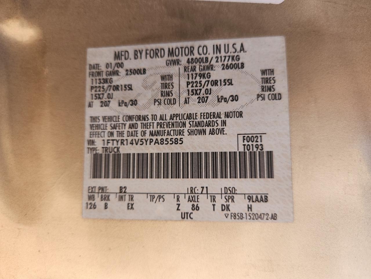 2000 Ford Ranger Super Cab VIN: 1FTYR14V5YPA85585 Lot: 92886985