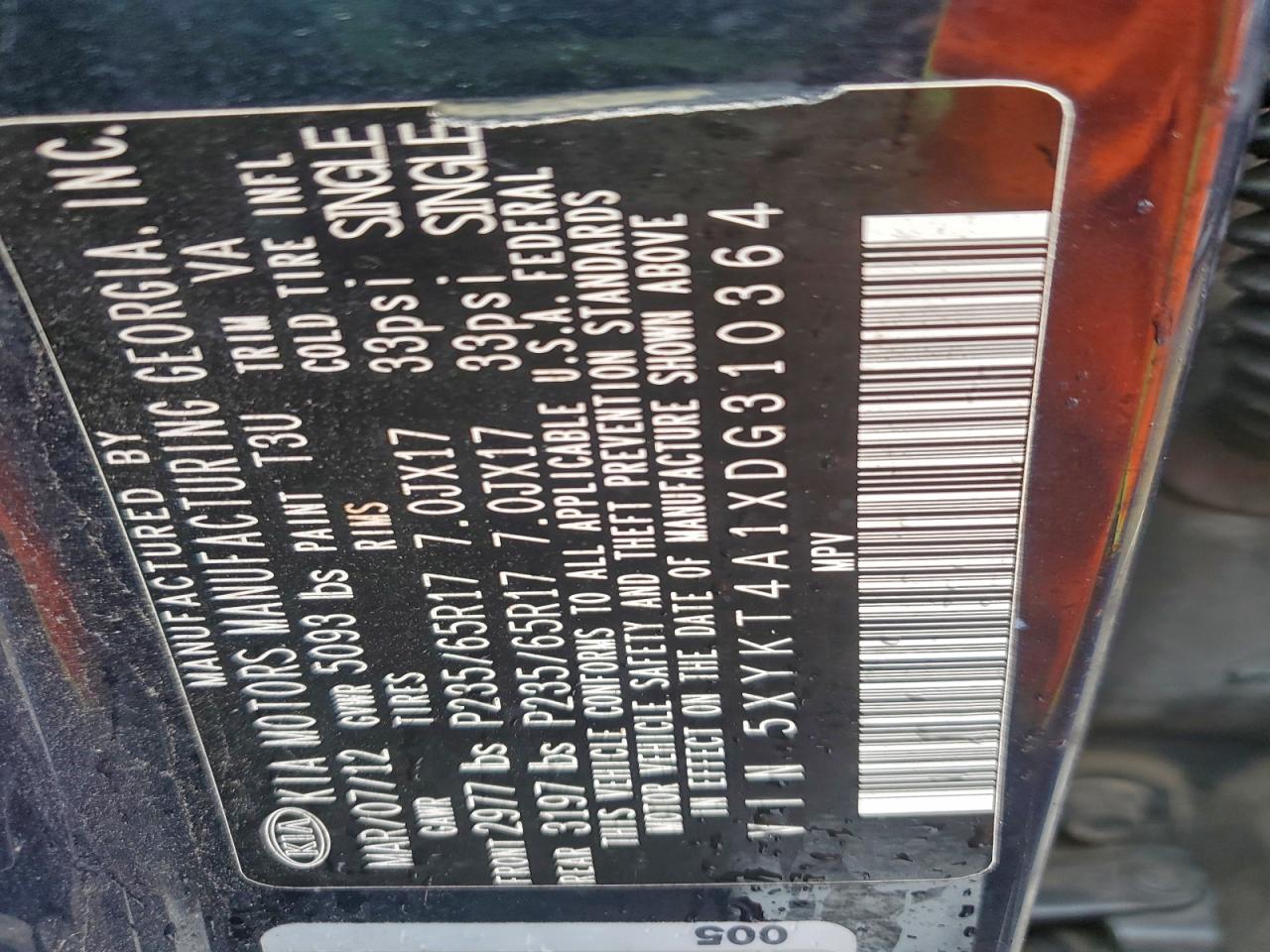 2013 Kia Sorento Lx VIN: 5XYKT4A1XDG310364 Lot: 93726075