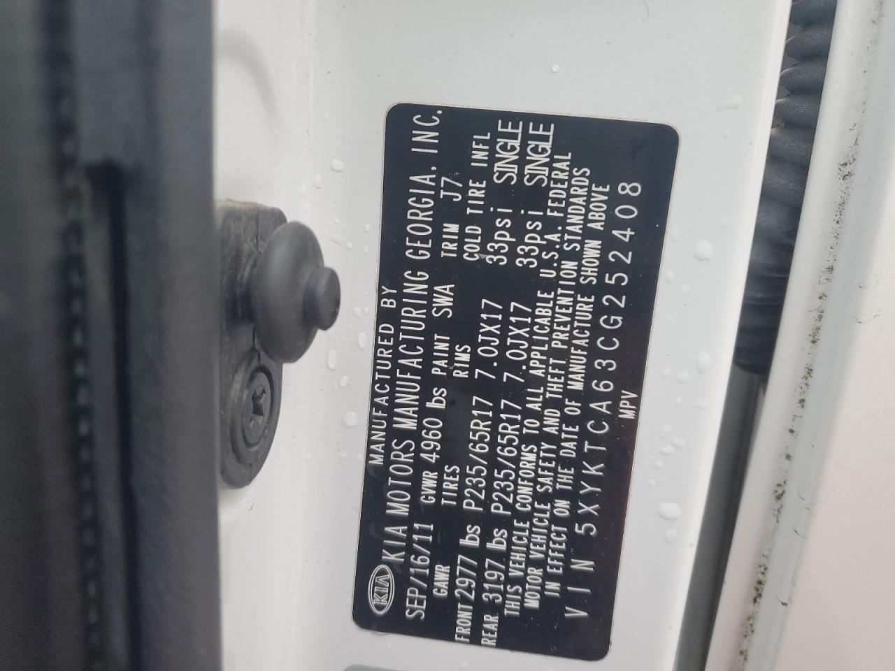 2012 Kia Sorento Base VIN: 5XYKTCA63CG252408 Lot: 92270245