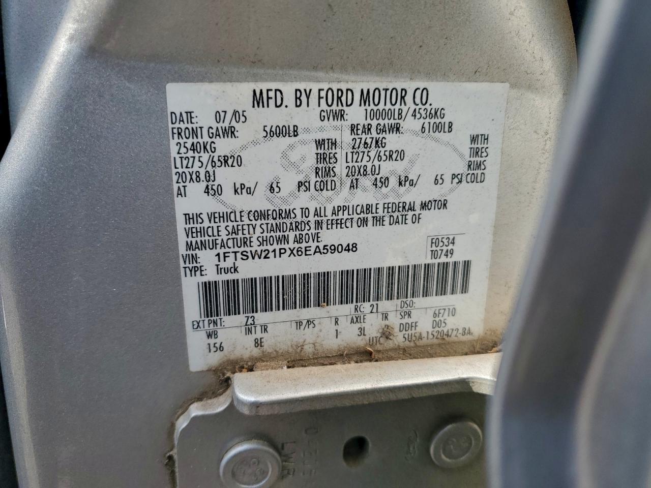 2006 Ford F250 Super Duty VIN: 1FTSW21PX6EA59048 Lot: 94681925