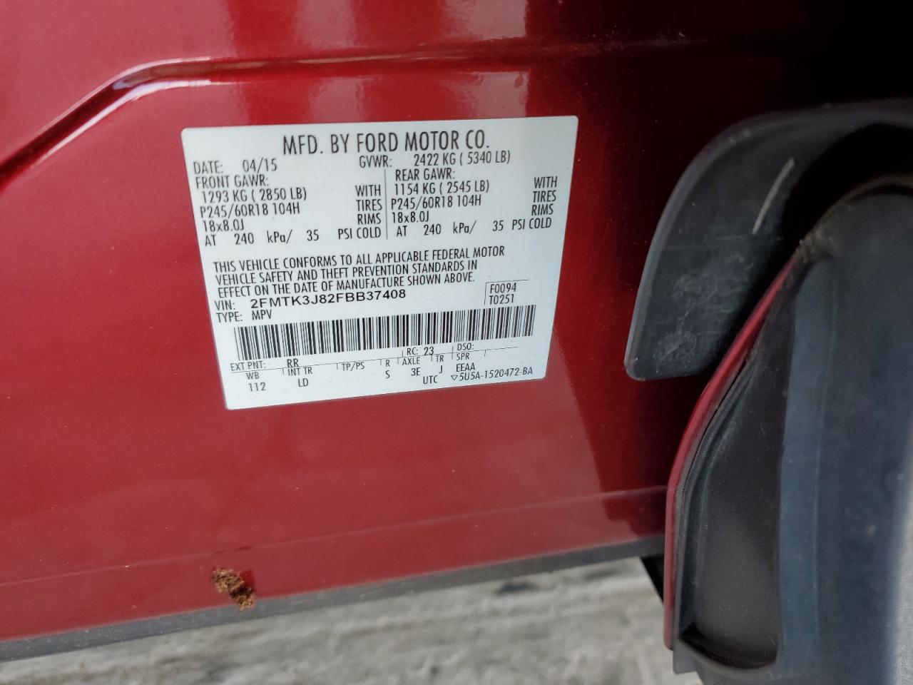 2015 Ford Edge Sel VIN: 2FMTK3J82FBB37408 Lot: 92324595