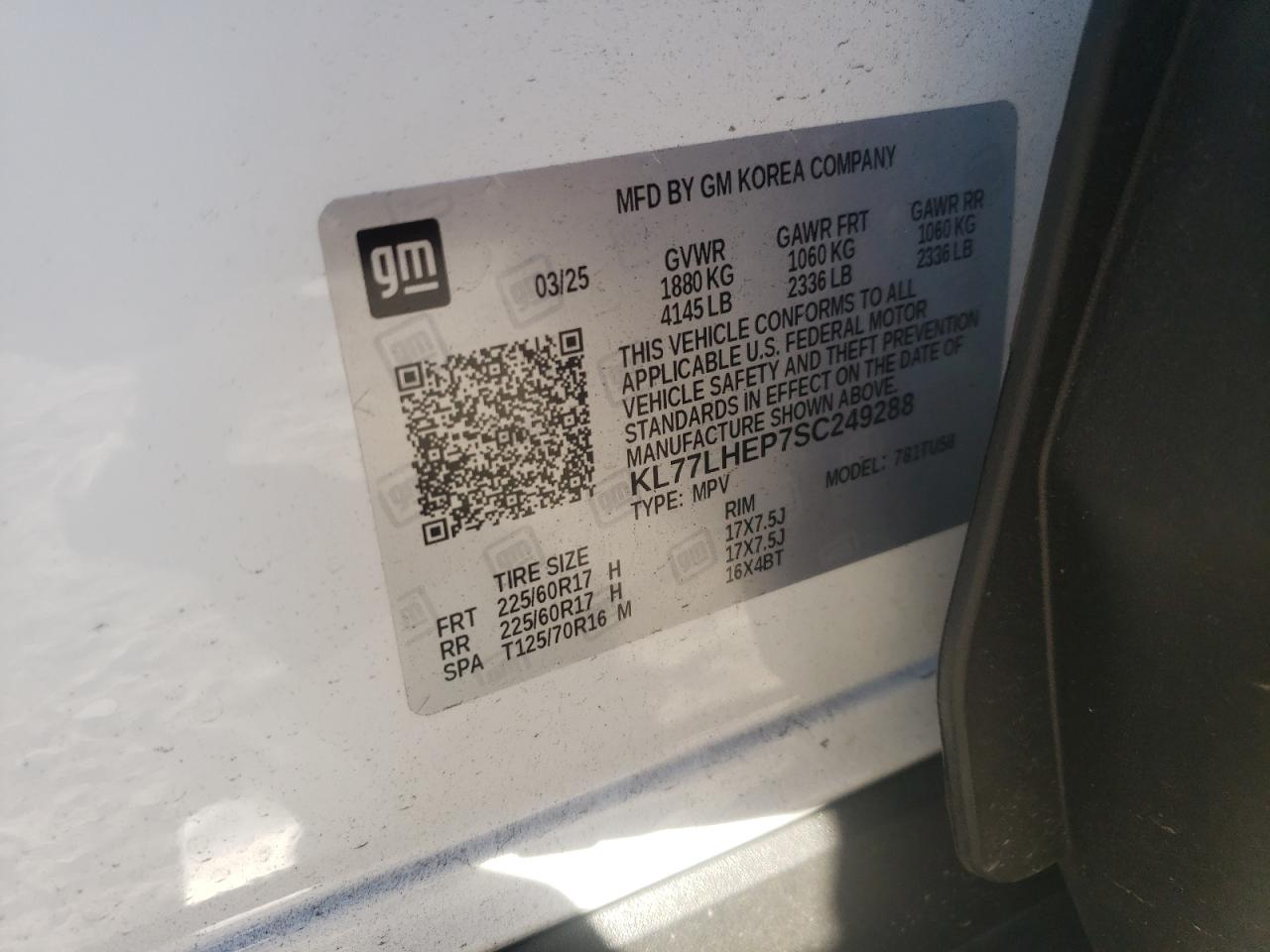 2025 Chevrolet Trax 1Lt VIN: KL77LHEP7SC249288 Lot: 93254555