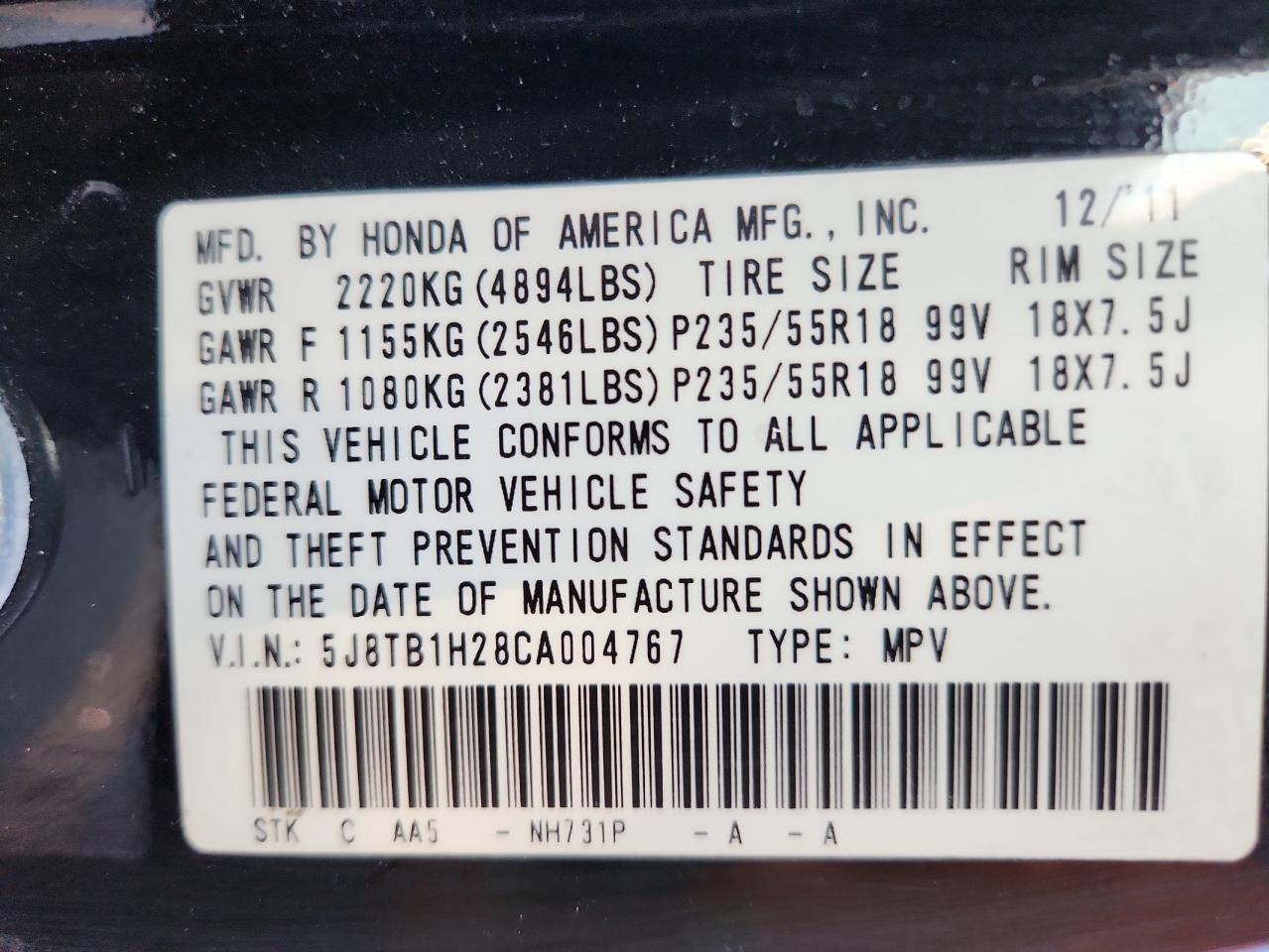 2012 Acura Rdx VIN: 5J8TB1H28CA004767 Lot: 87299245