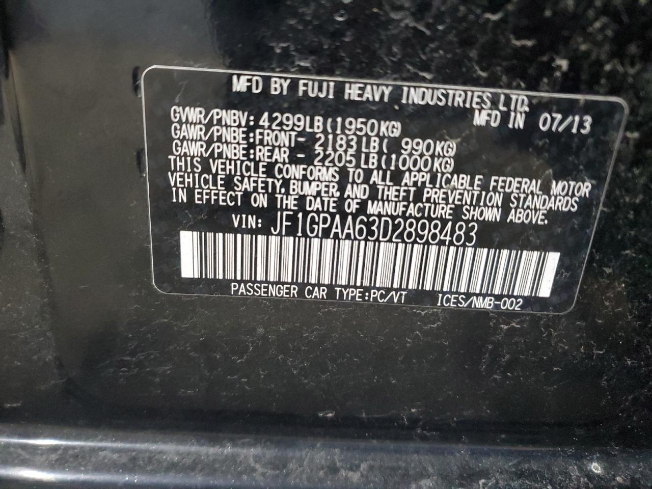 2013 Subaru Impreza VIN: JF1GPAA63D2898483 Lot: 92258025