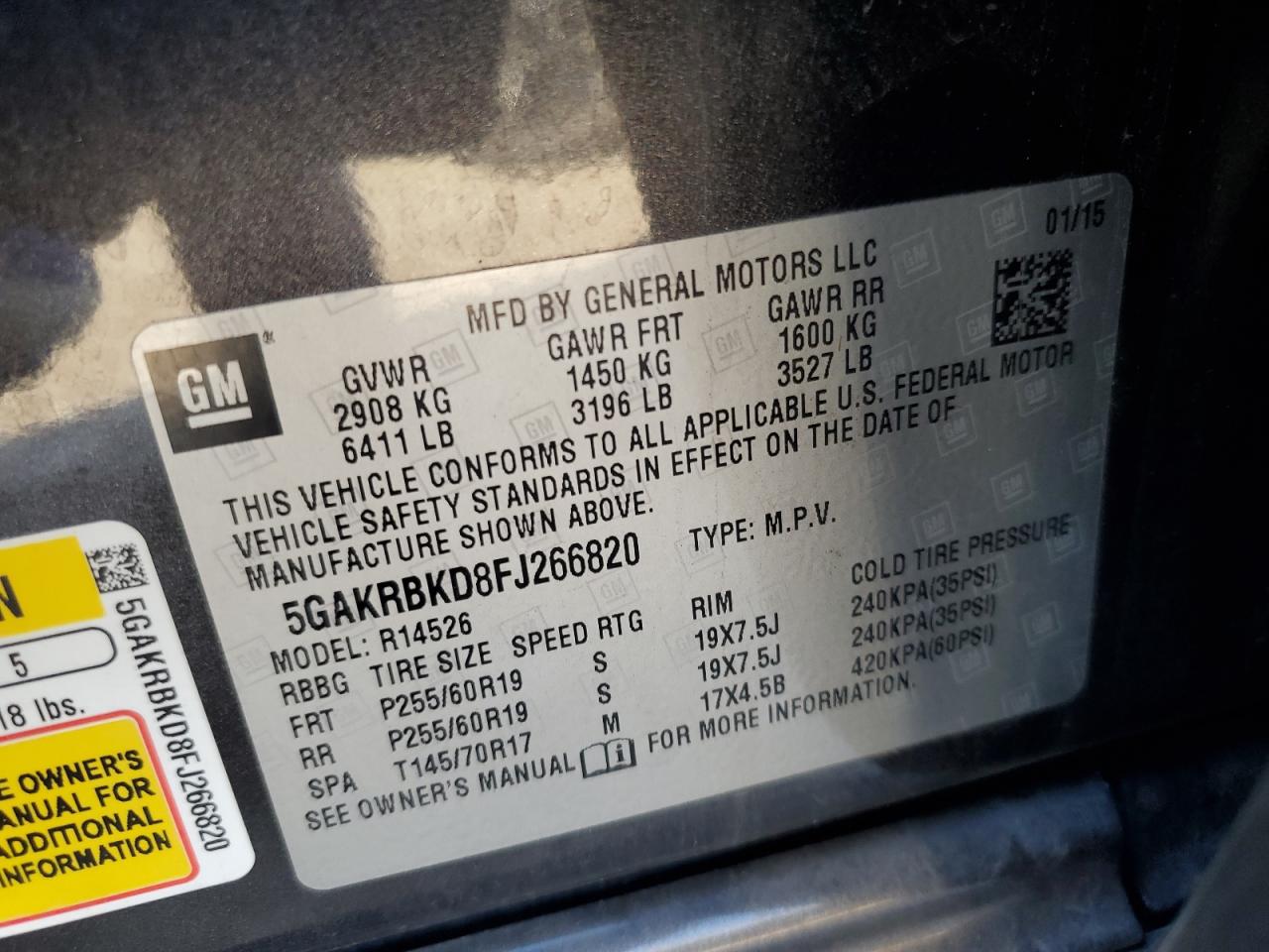 2015 Buick Enclave VIN: 5GAKRBKD8FJ266820 Lot: 91475075