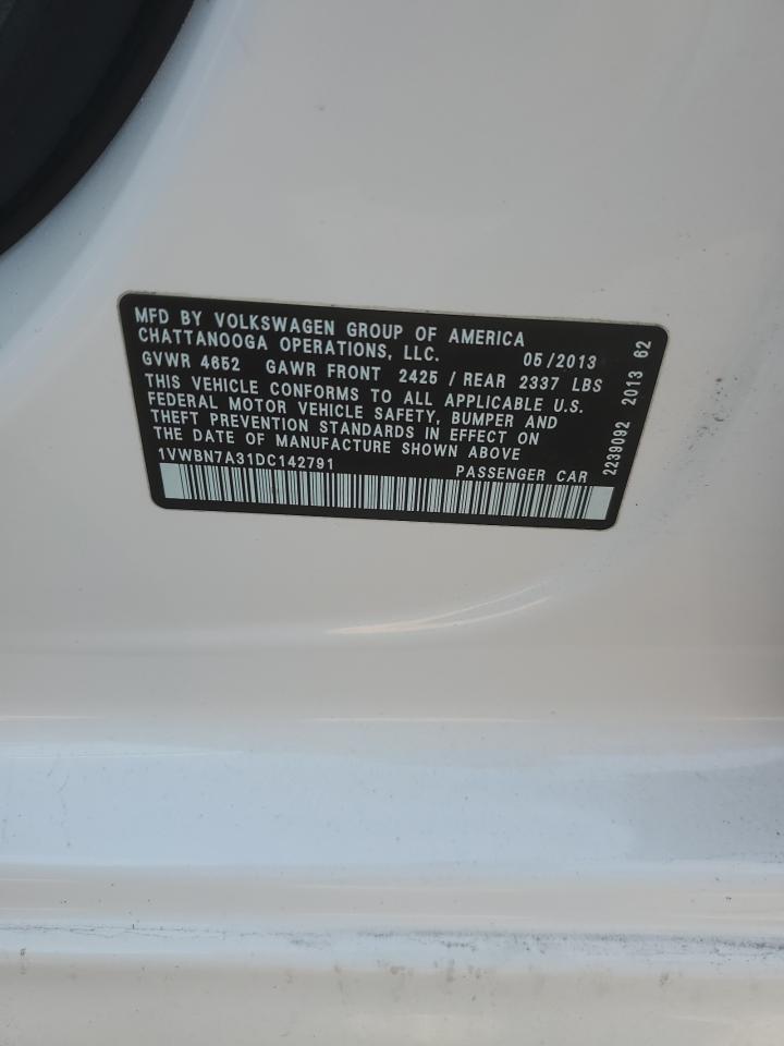 2013 Volkswagen Passat Se VIN: 1VWBN7A31DC142791 Lot: 85434895