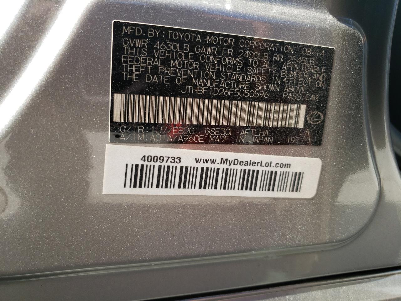 2015 Lexus Is 250 VIN: JTHBF1D26F5050596 Lot: 91719855