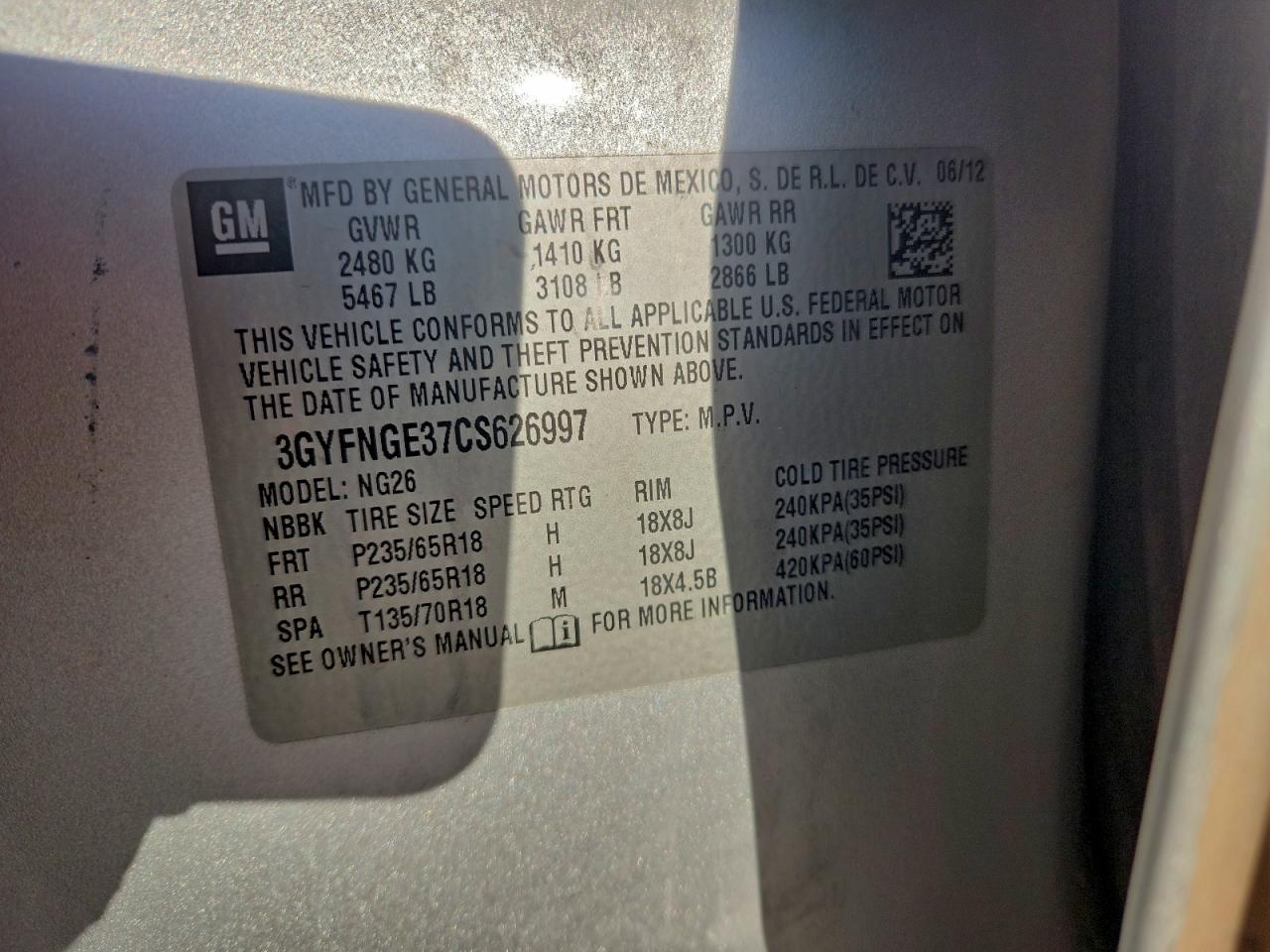 2012 Cadillac Srx VIN: 3GYFNGE37CS626997 Lot: 94366185