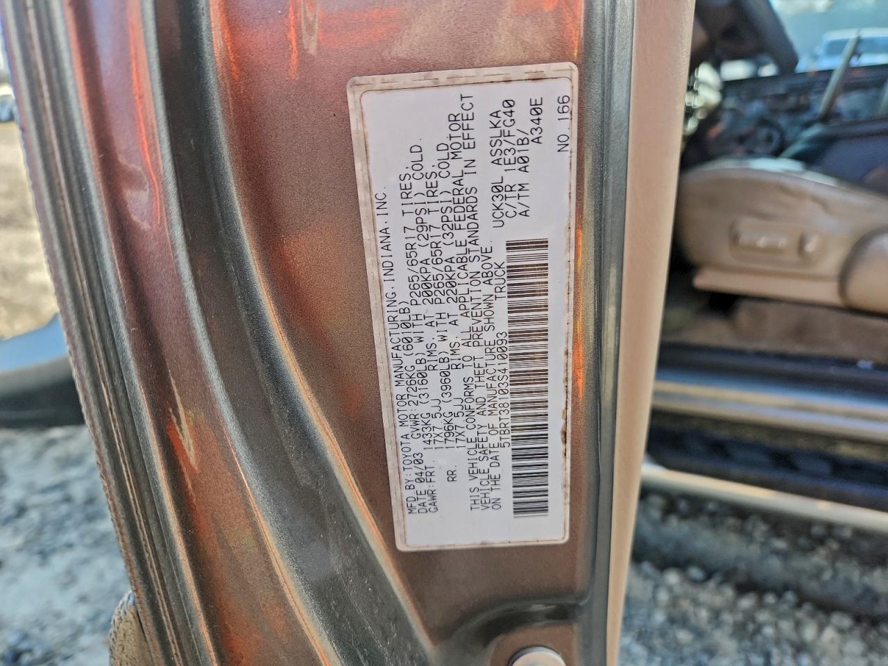 2003 Toyota Tundra Access Cab Limited VIN: 5TBRT38103S410093 Lot: 93931585