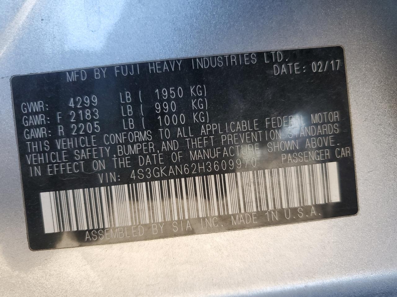 2017 Subaru Impreza Limited VIN: 4S3GKAN62H3609970 Lot: 93149735