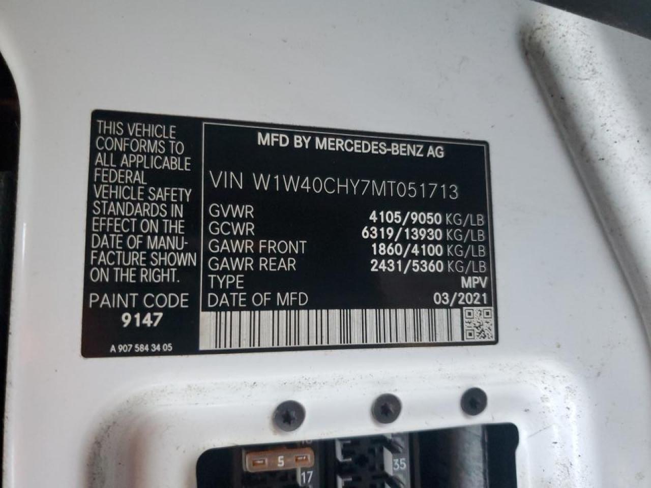 2021 Mercedes Benz Sprinter Delivery Van VIN: W1W40CHY7MT051713 Lot: 91794705