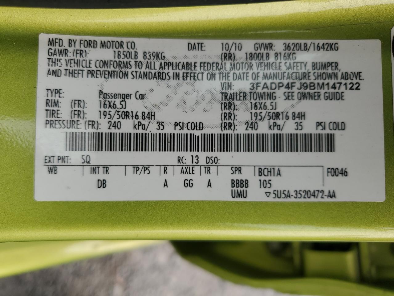 2011 Ford Fiesta Ses VIN: 3FADP4FJ9BM147122 Lot: 90666035