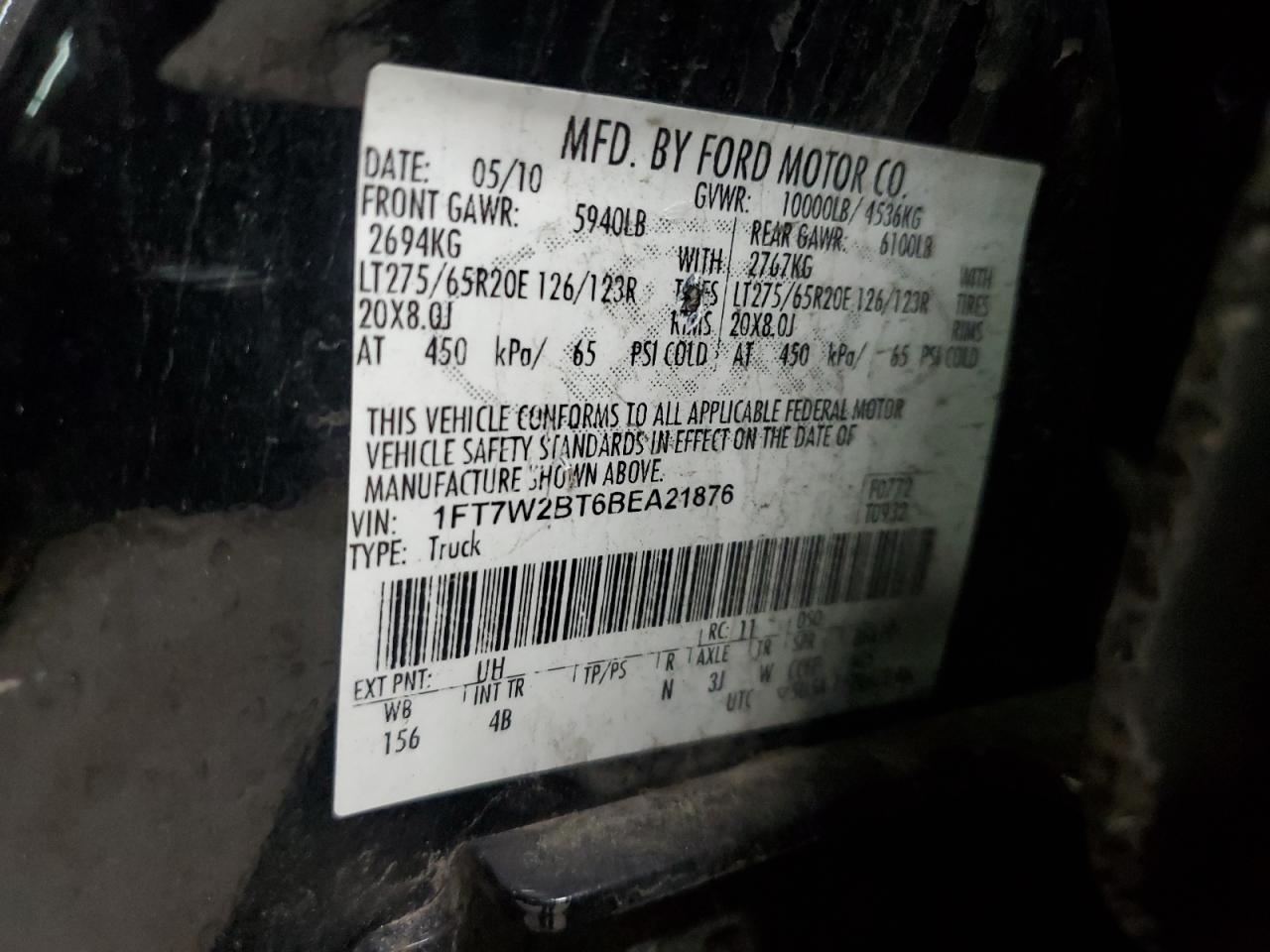 2011 Ford F250 Super Duty VIN: 1FT7W2BT6BEA21876 Lot: 92251405