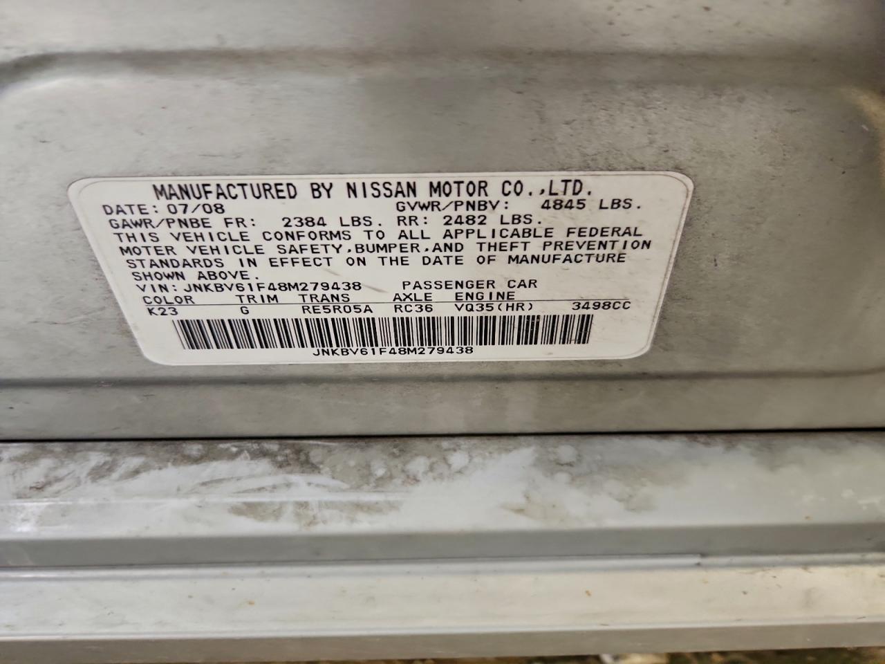 2008 Infiniti G35 VIN: JNKBV61F48M279438 Lot: 94461535