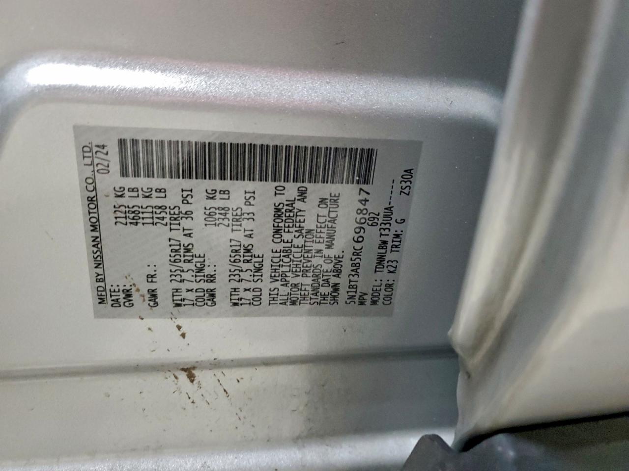 2024 Nissan Rogue S VIN: 5N1BT3AB5RC696847 Lot: 93251565