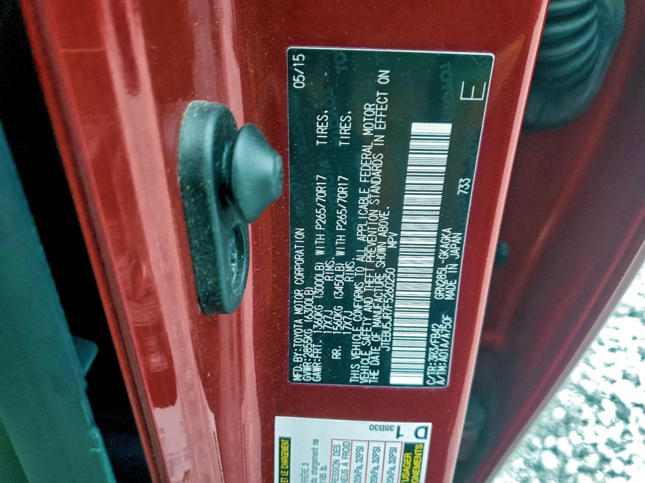 2015 Toyota 4Runner Sr5/Sr5 Premium VIN: JTEBU5JR7F5260250 Lot: 94192605