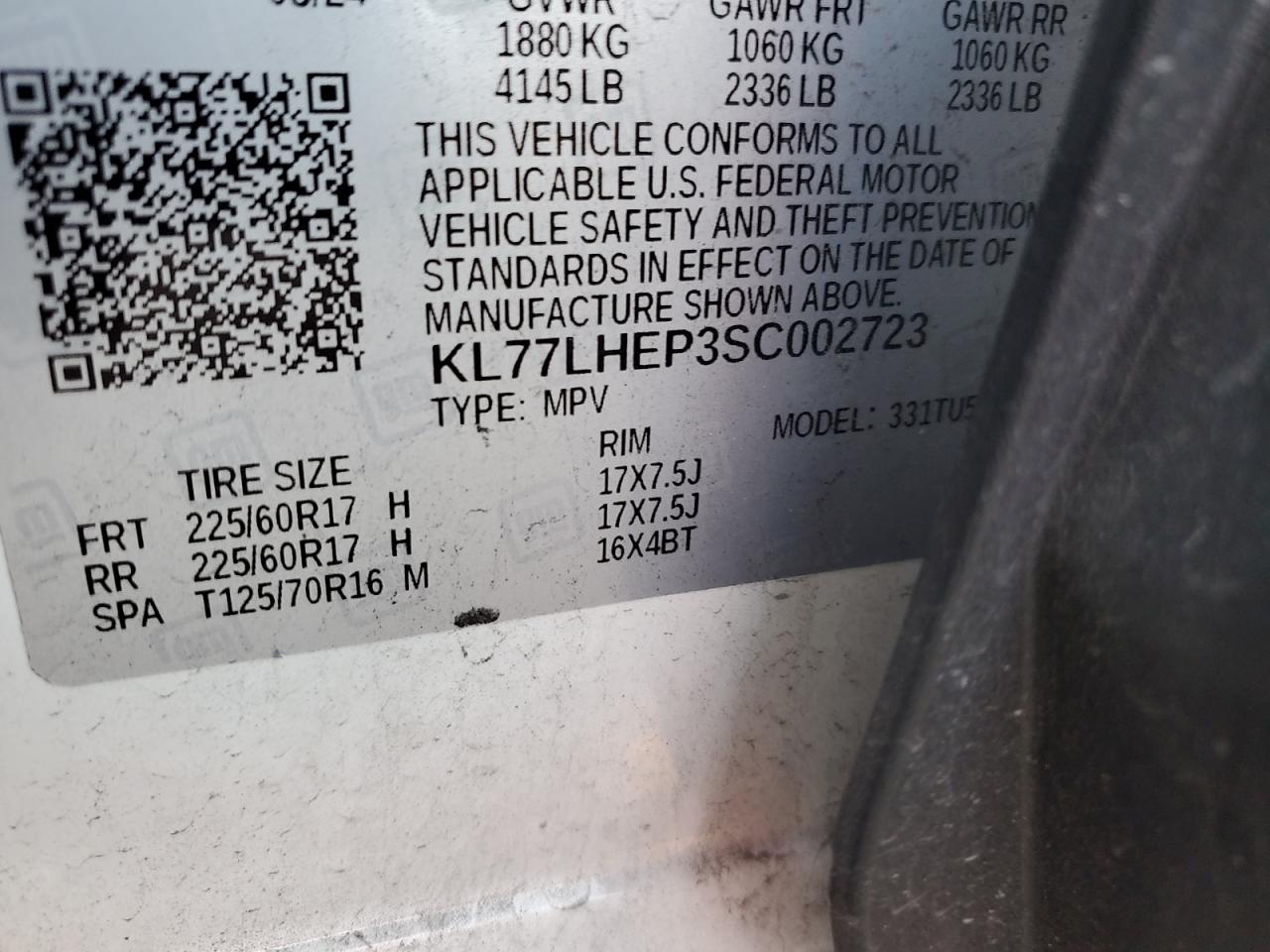 2025 Chevrolet Trax 1Lt VIN: KL77LHEP3SC002723 Lot: 93308495