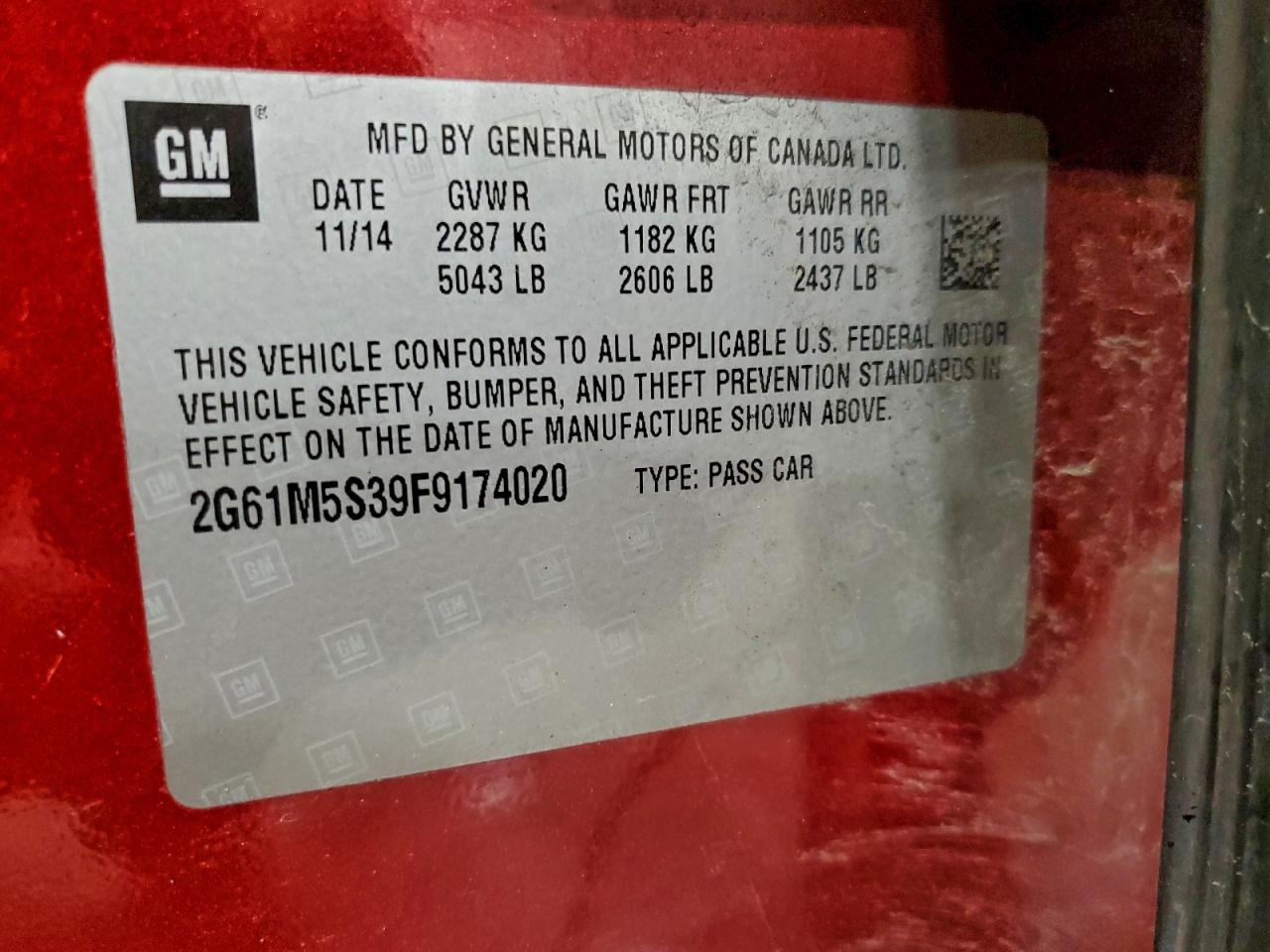 2015 Cadillac Xts Luxury Collection VIN: 2G61M5S39F9174020 Lot: 94287435