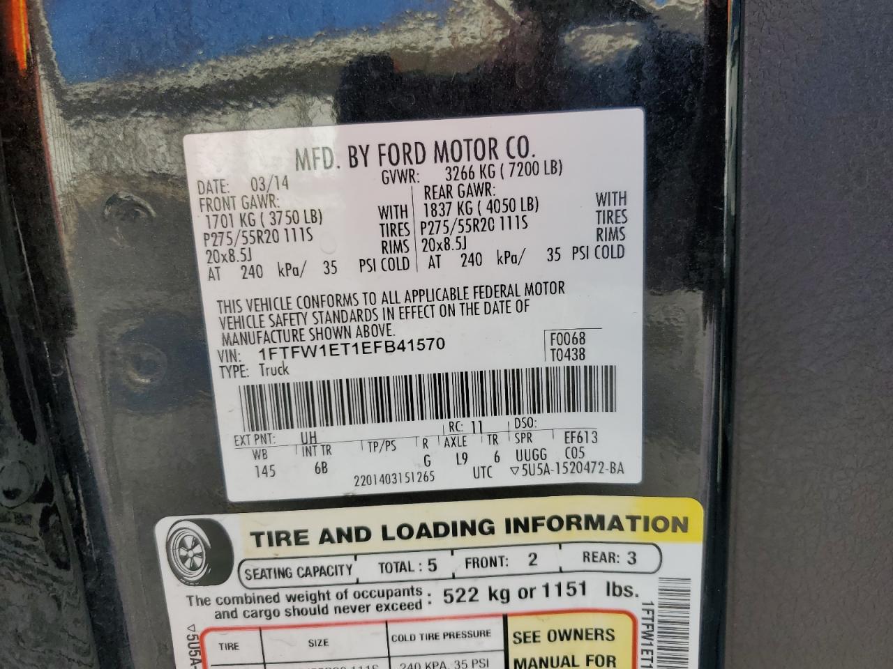 2014 Ford F150 Supercrew VIN: 1FTFW1ET1EFB41570 Lot: 85404035