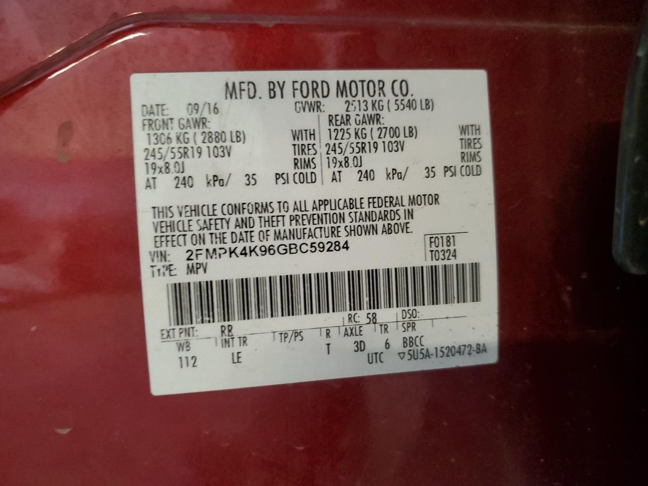 2016 Ford Edge Titanium VIN: 2FMPK4K96GBC59284 Lot: 91269665