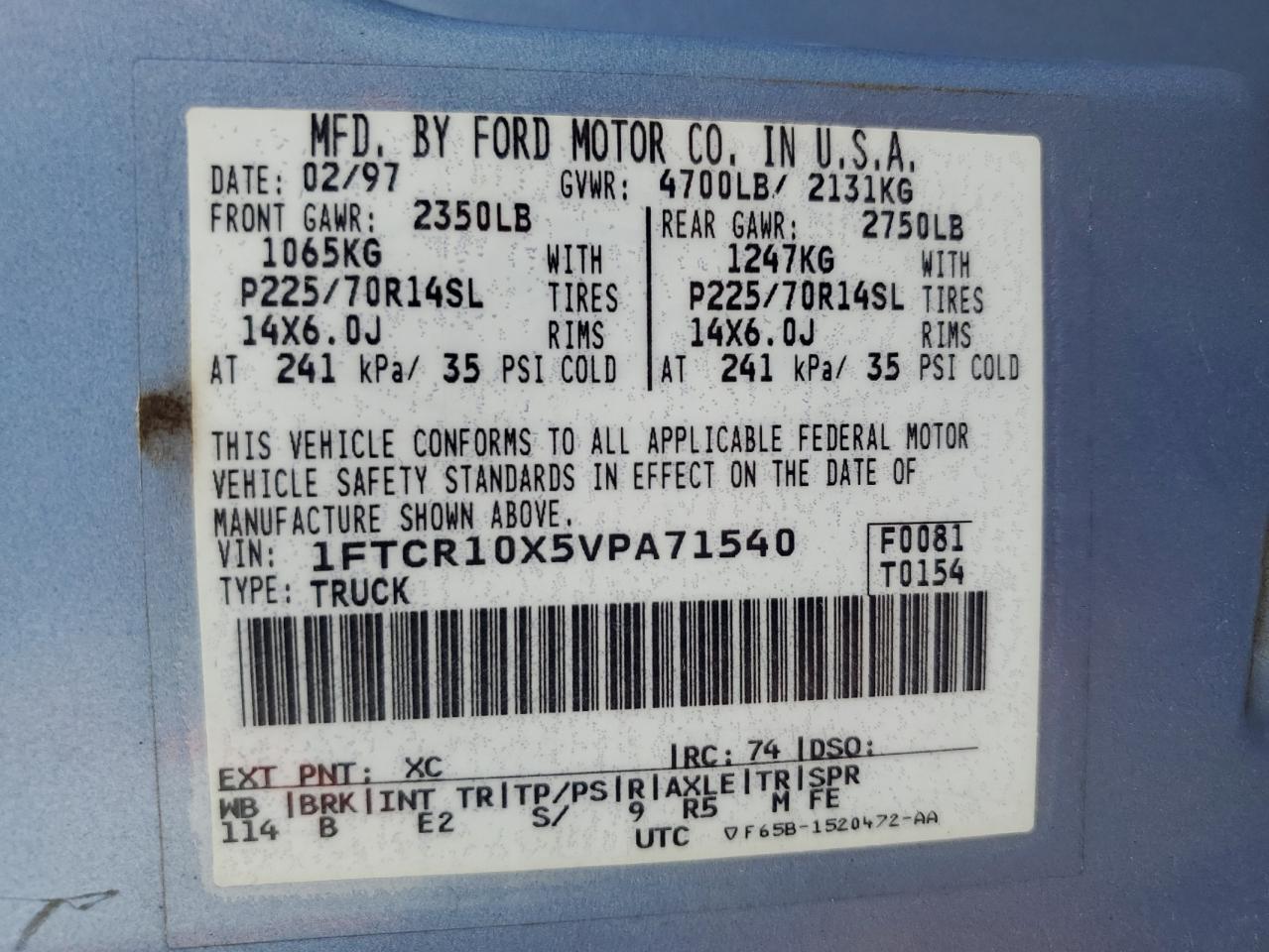 1997 Ford Ranger VIN: 1FTCR10X5VPA71540 Lot: 92315335