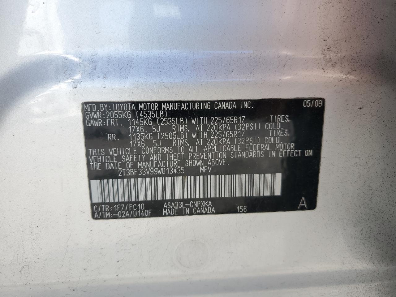 2009 Toyota Rav4 VIN: 2T3BF33V99W013435 Lot: 91358175