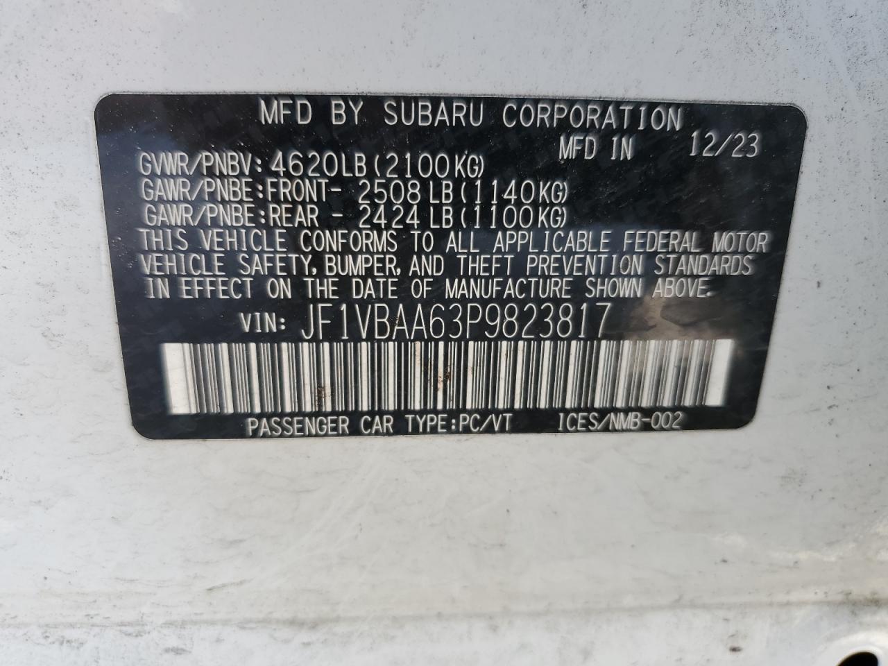 2023 Subaru Wrx VIN: JF1VBAA63P9823817 Lot: 93547425