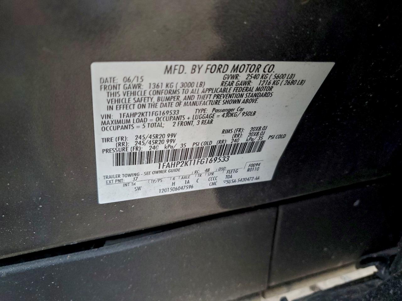 2015 Ford Taurus Sho VIN: 1FAHP2KT1FG169533 Lot: 94682445