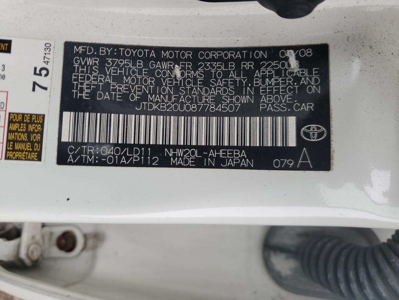 2008 Toyota Prius VIN: JTDKB20U087784507 Lot: 93847315