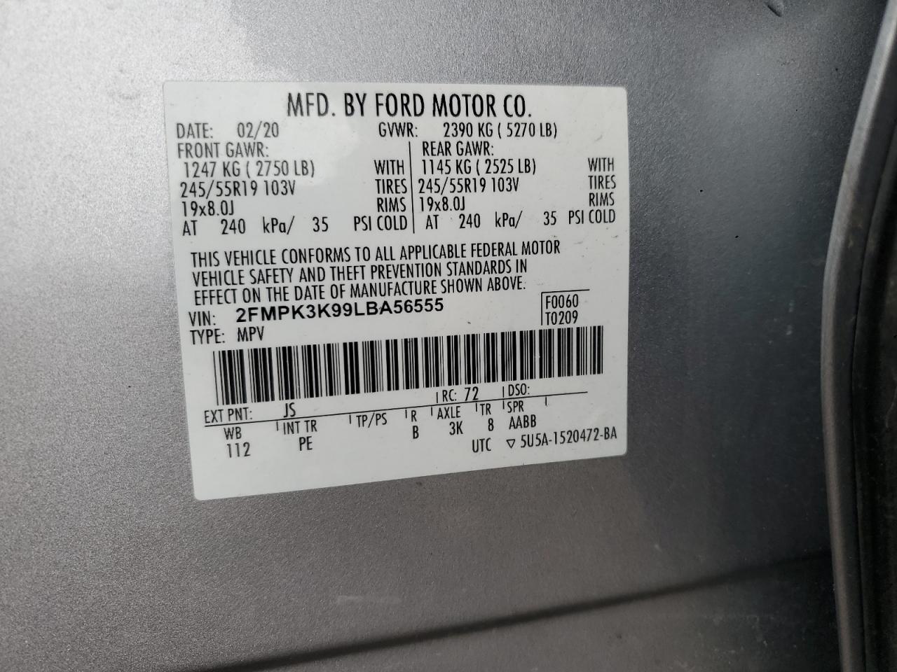 2020 Ford Edge Titanium VIN: 2FMPK3K99LBA56555 Lot: 92947565