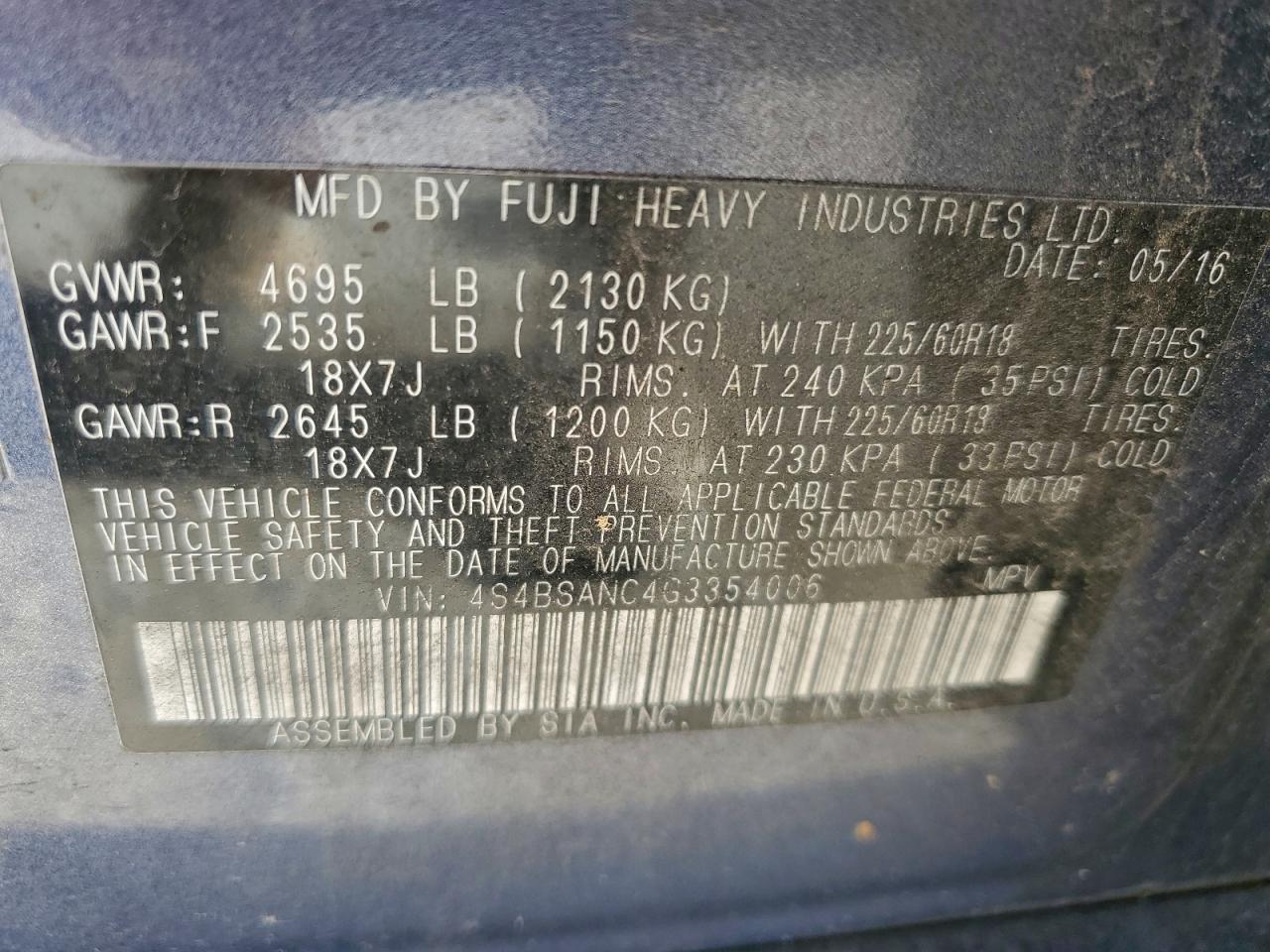 2016 Subaru Outback 2.5I Limited VIN: 4S4BSANC4G3354006 Lot: 94278865