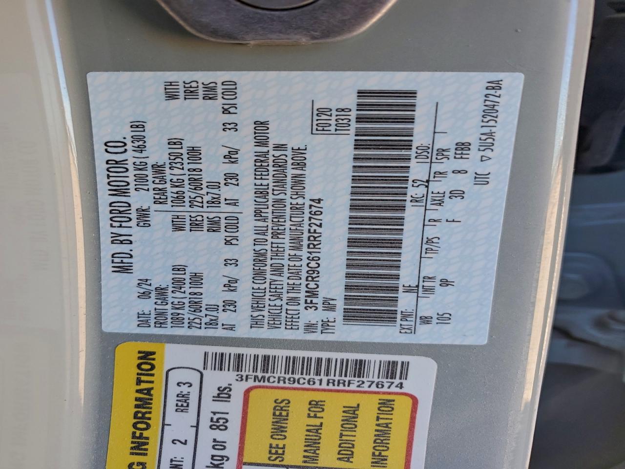 2024 Ford Bronco Sport Outer Banks VIN: 3FMCR9C61RRF27674 Lot: 93913035