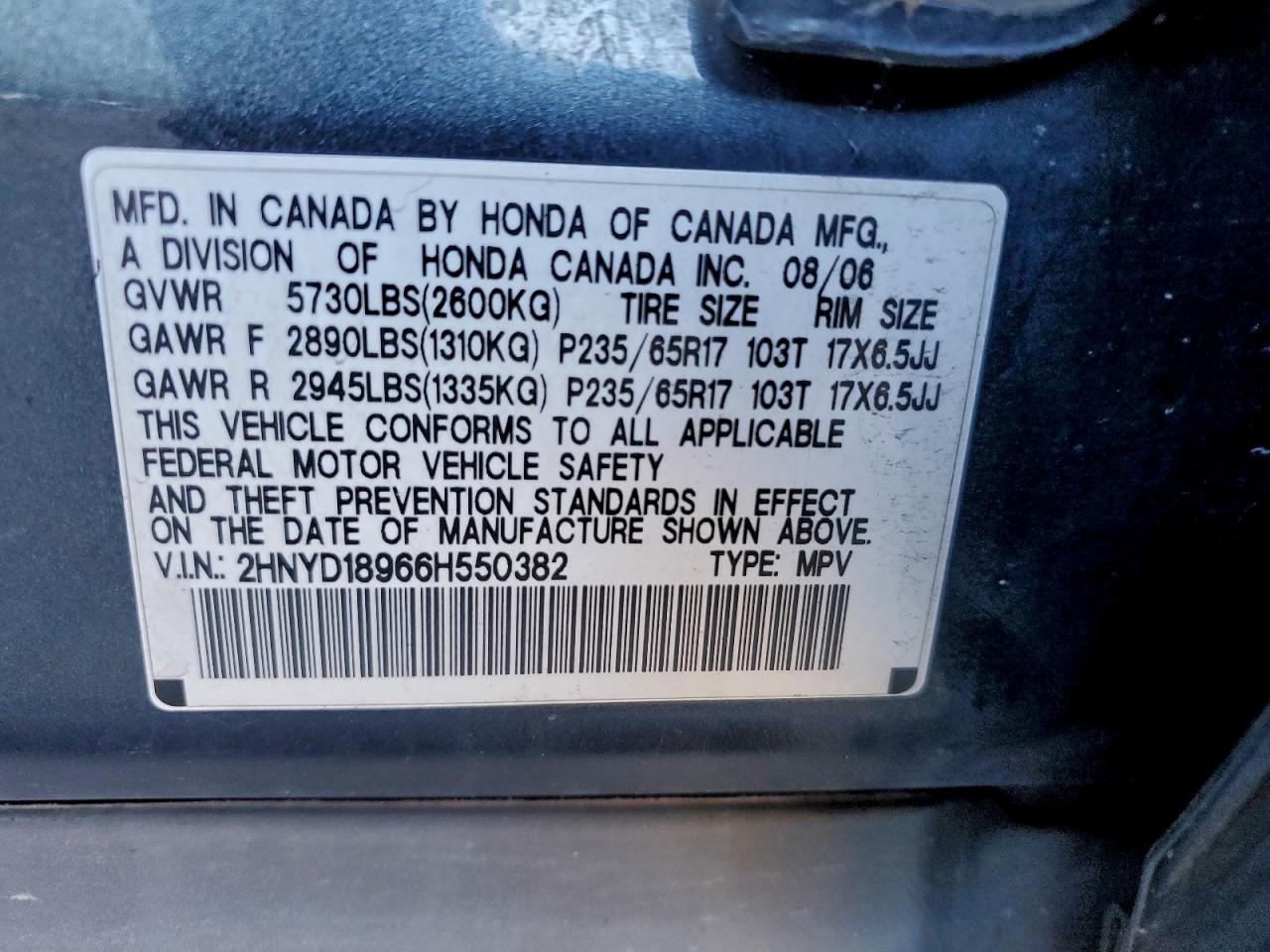 2006 Acura Mdx Touring VIN: 2HNYD18966H550382 Lot: 92501945