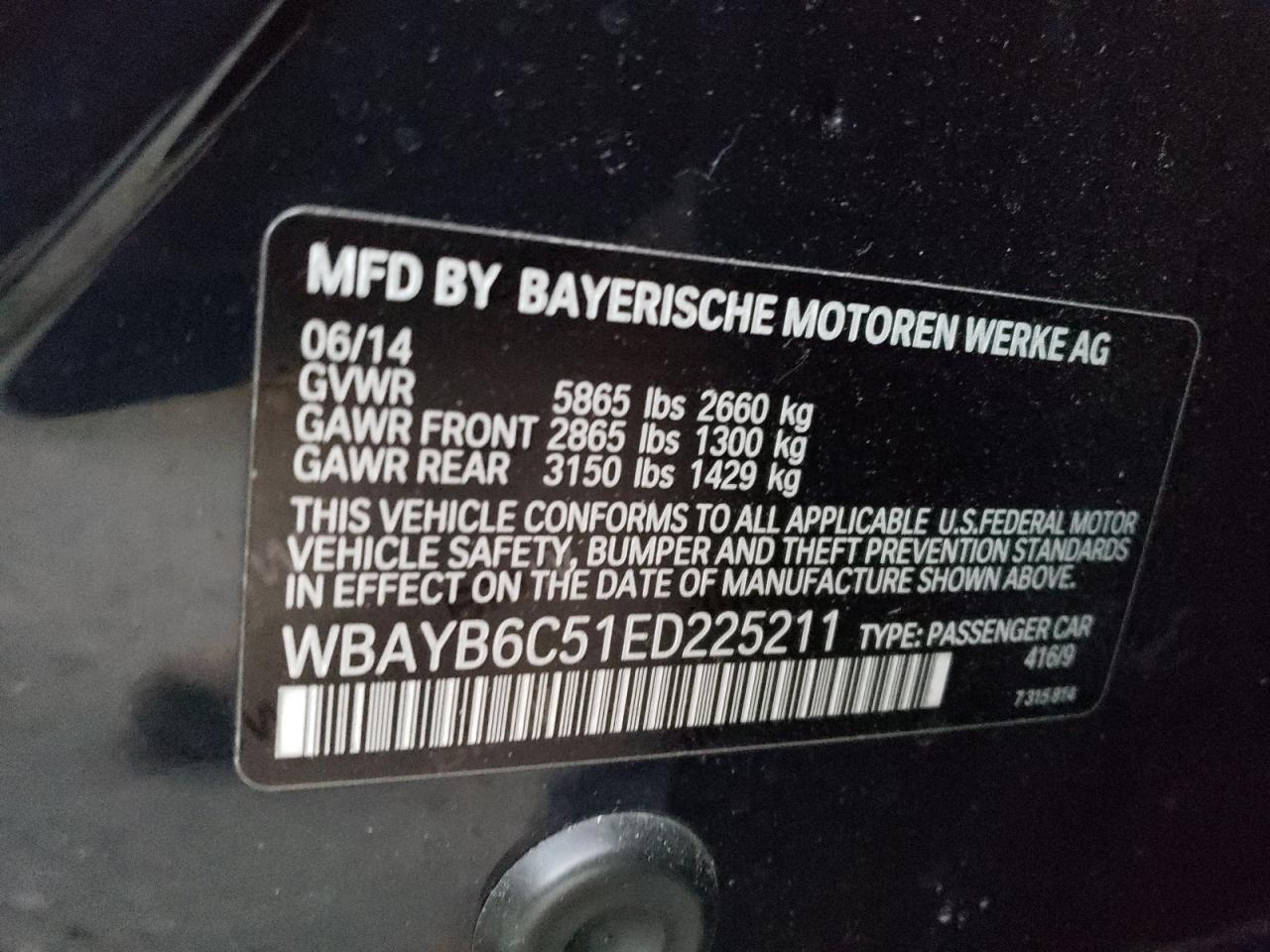 2014 BMW 750 Xi VIN: WBAYB6C51ED225211 Lot: 93044895