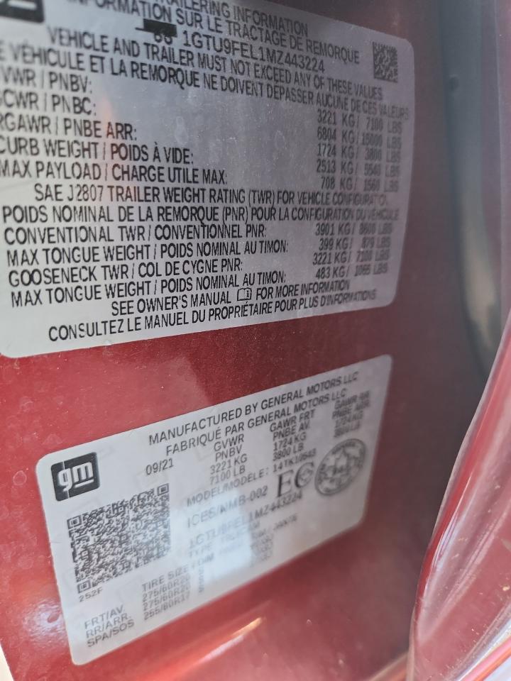 2021 GMC Sierra K1500 Denali VIN: 1GTU9FEL1MZ443224 Lot: 93224995