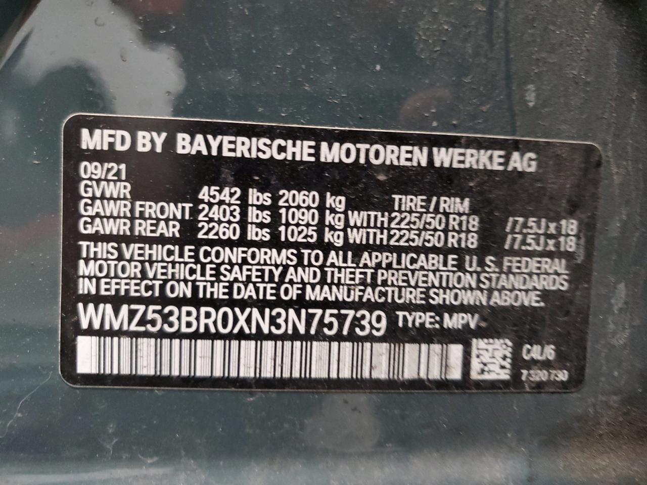 2022 Mini Cooper S Countryman VIN: WMZ53BR0XN3N75739 Lot: 92591755