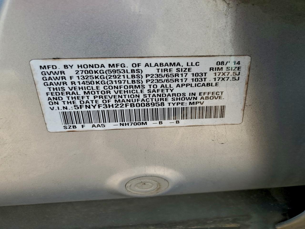 2015 Honda Pilot Lx VIN: 5FNYF3H22FB008958 Lot: 94522895