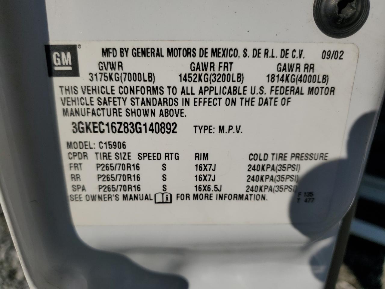 2003 GMC Yukon Xl C1500 VIN: 3GKEC16Z83G140892 Lot: 90605135
