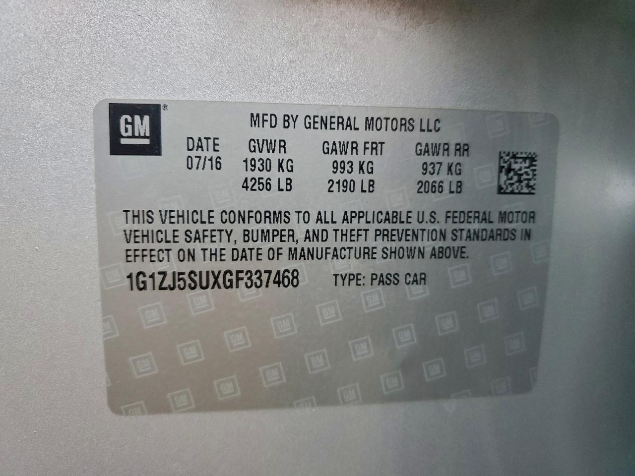 2016 Chevrolet Malibu Hybrid VIN: 1G1ZJ5SUXGF337468 Lot: 94542965